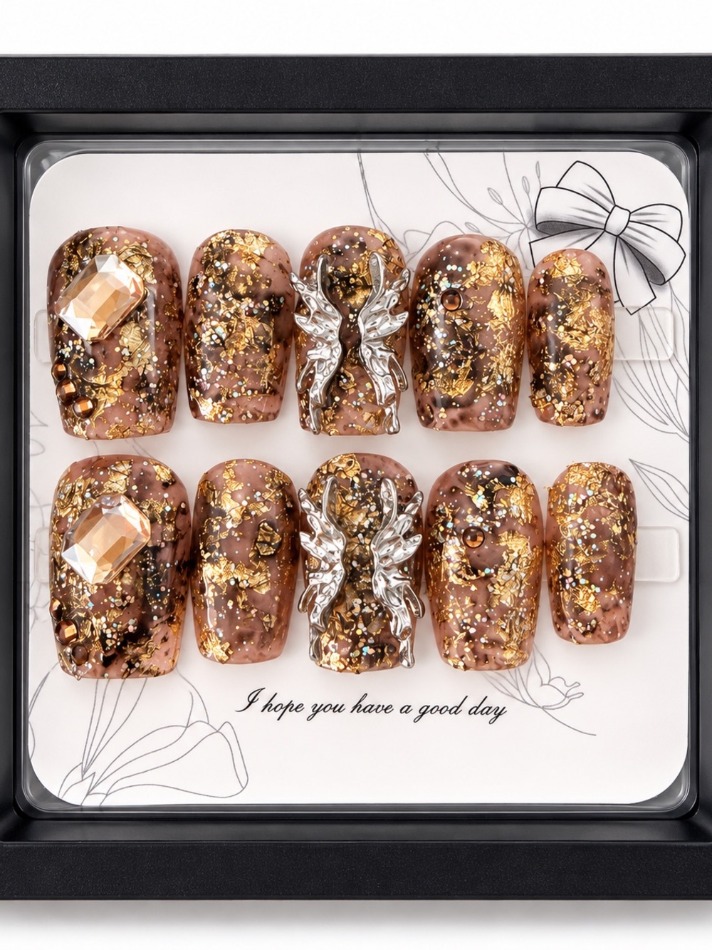 Luxury Gold Flake Brown Press-On Nail Set